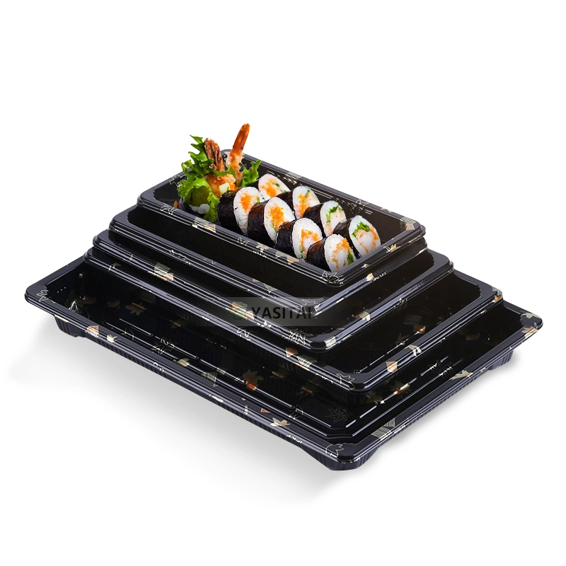 Rectángulo personalizado Japanese desechable bandeja de salida rápida de alimentos contenedor de plástico Embalaje de cajas de sushi bandejas con tapa