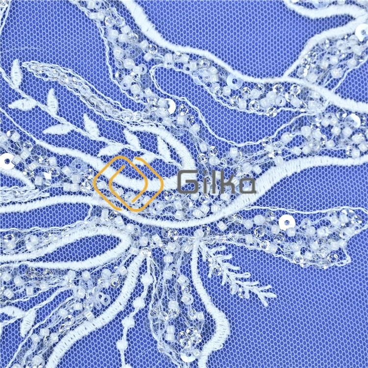 Elegant Branch Design Embroidery Latest Ivory White Gold Mesh Sequin Lace Fabrics for Wedding Dresses