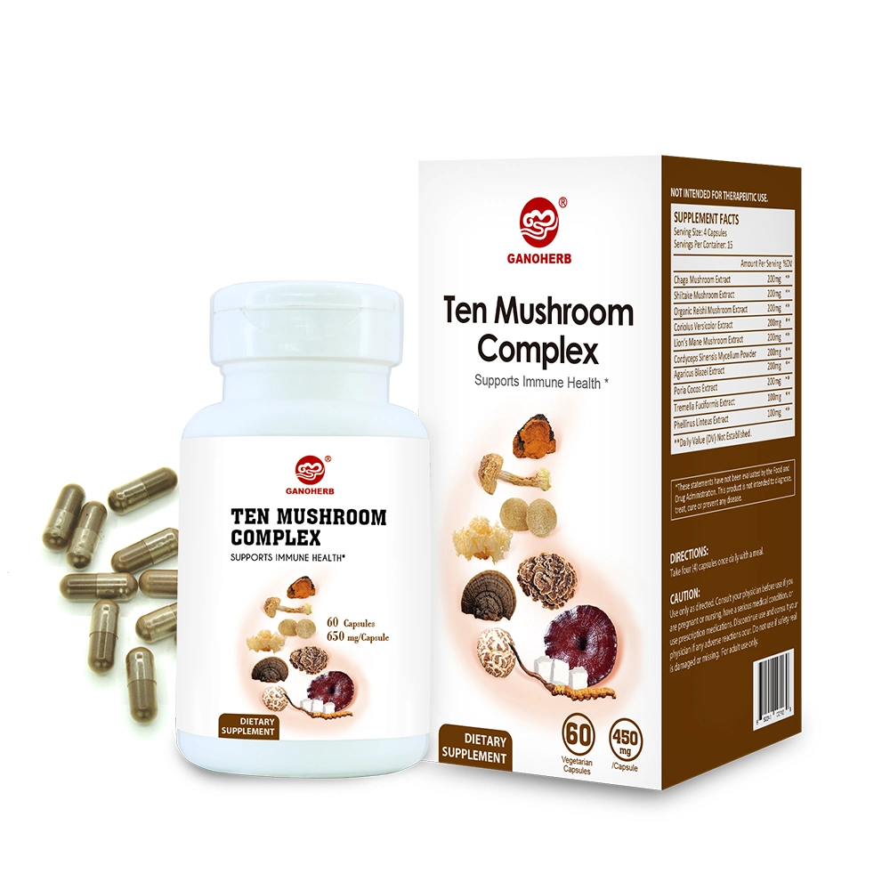 Private Label Ten Mushroom Capsules, Herbal Extract, Immune Booster, Wellness Formula for Anti-Fatigue Stress Relief