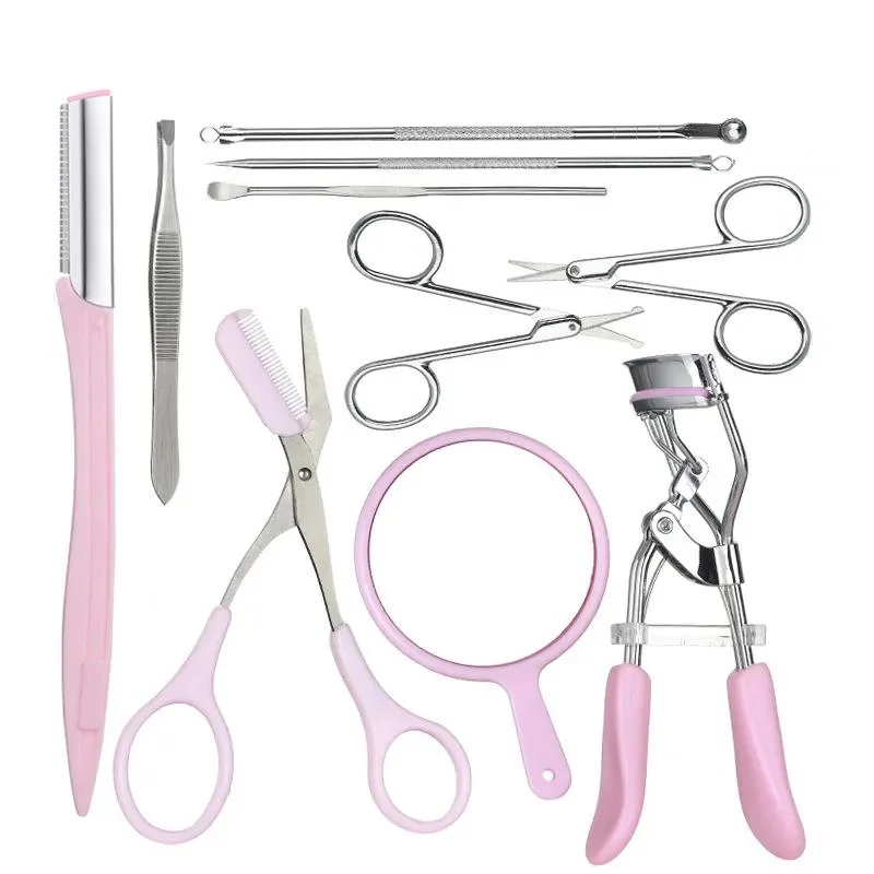 10 Pieces Eyebrow Trimmer Set for Curling, Eyelash Curler, Shaving Scissors, Blackhead and Acne Needle