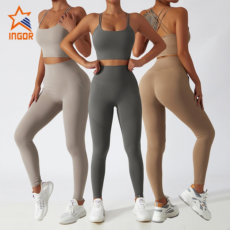 Ingorsports Fabricantes de Roupas de Academia Personalizadas Vestuário Feminino Roupas Esportivas Sutiã Esportivo com Costas Cruzadas e Leggings de Cintura Alta Conjunto de Yoga Tracksuit