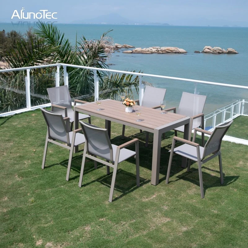 Multifunctional Aluminum Frame Plastic Wood Armrest Outdoor Dining Chairs Table Set