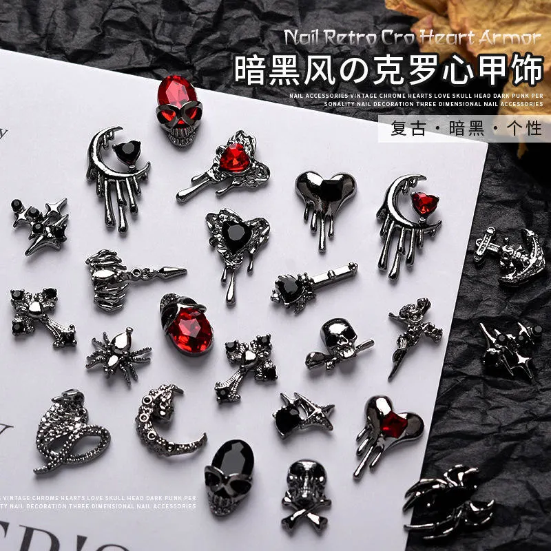 Halloween Mini Alloy Cross Nail Art Charm 3D Small Chrome Ancient Silver Heart Nail Decoration Punk Design Nail Jewelry