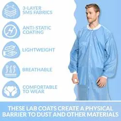 Venta directa de fábrica desechable SMS Blue Laboratory Coat Work Wear Batas de laboratorio médico para médicos