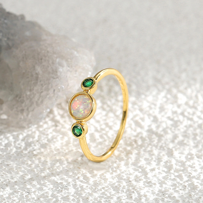 Wholesale/Supplier Fashion Minimalist Brass Gold Plated Round Multi Gemstone Green Zircon White Opal Tiny Ring for Women