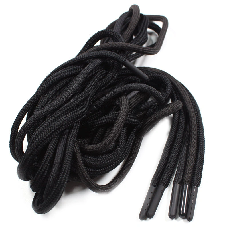 Custom Black Round 5mm/6mm/7mm Polyester Drawstring Rope with Metal Tips