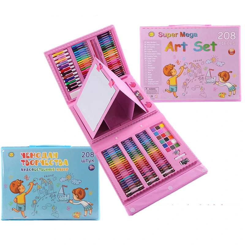 208 PCS Set de Dibujo Artístico para Niños y Adultos con Caja de Caballete Tríptico de Doble Cara, Pasteles al Óleo, Crayones, Lápices de Colores, Pincel, Acuarela