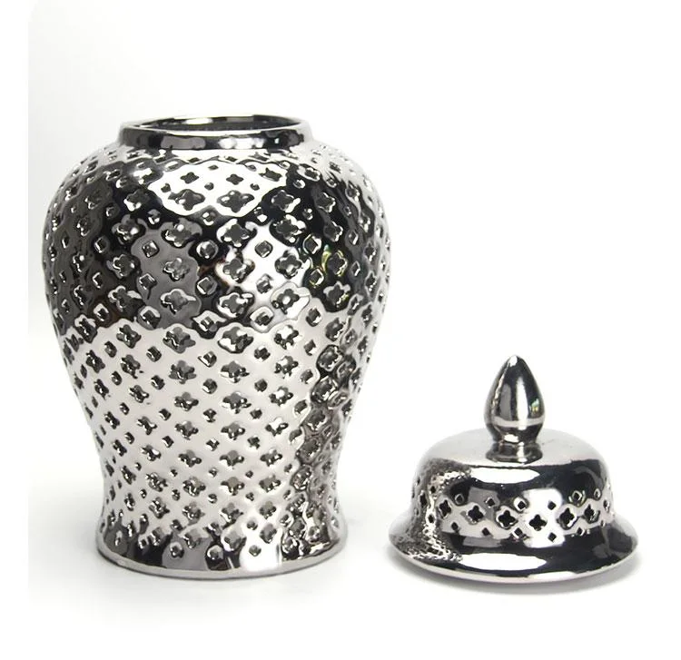 J155S Luxury Interior Hogar Decoration Silver Ceramic Vase Sets Porcelain Hollow out Ginger Jar