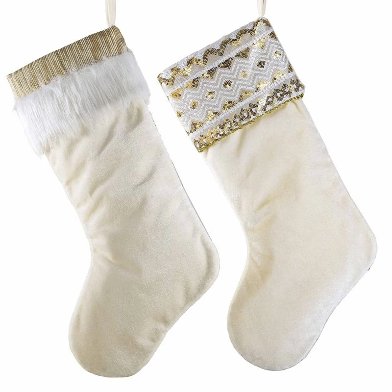 Sentia Sequin Xmas Sock Kids Custom Velvet Bordados Gold White Christmas Factor