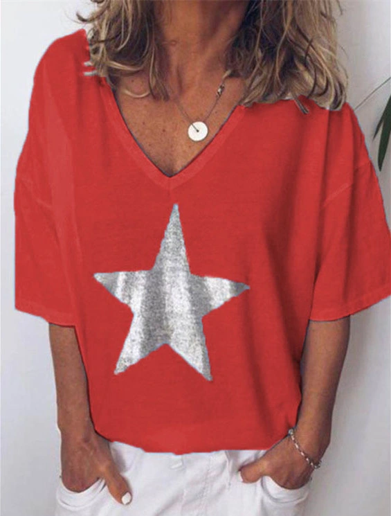 Custom Silver Star T Shirt Women Fashion Summer Lady Print Tee V-Neck Top Female Tshirts Clothes