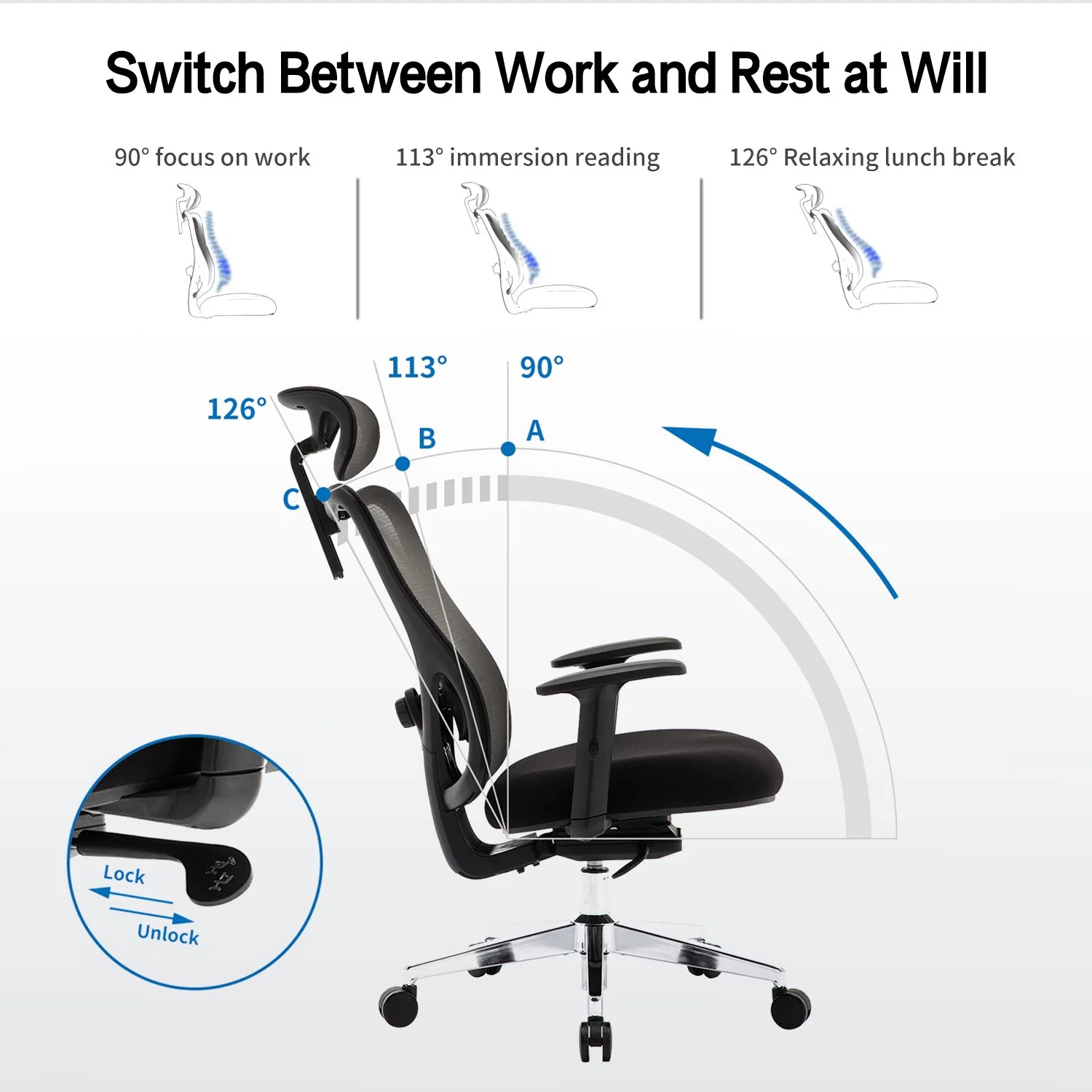 Ergonomischer Bürostuhl, hoher Schreibtischstuhl mit 2D Lendenwirbelstütze, Neigungsfunktion, großer und hoher Netzstuhl für Gaming und Arbeitszimmer