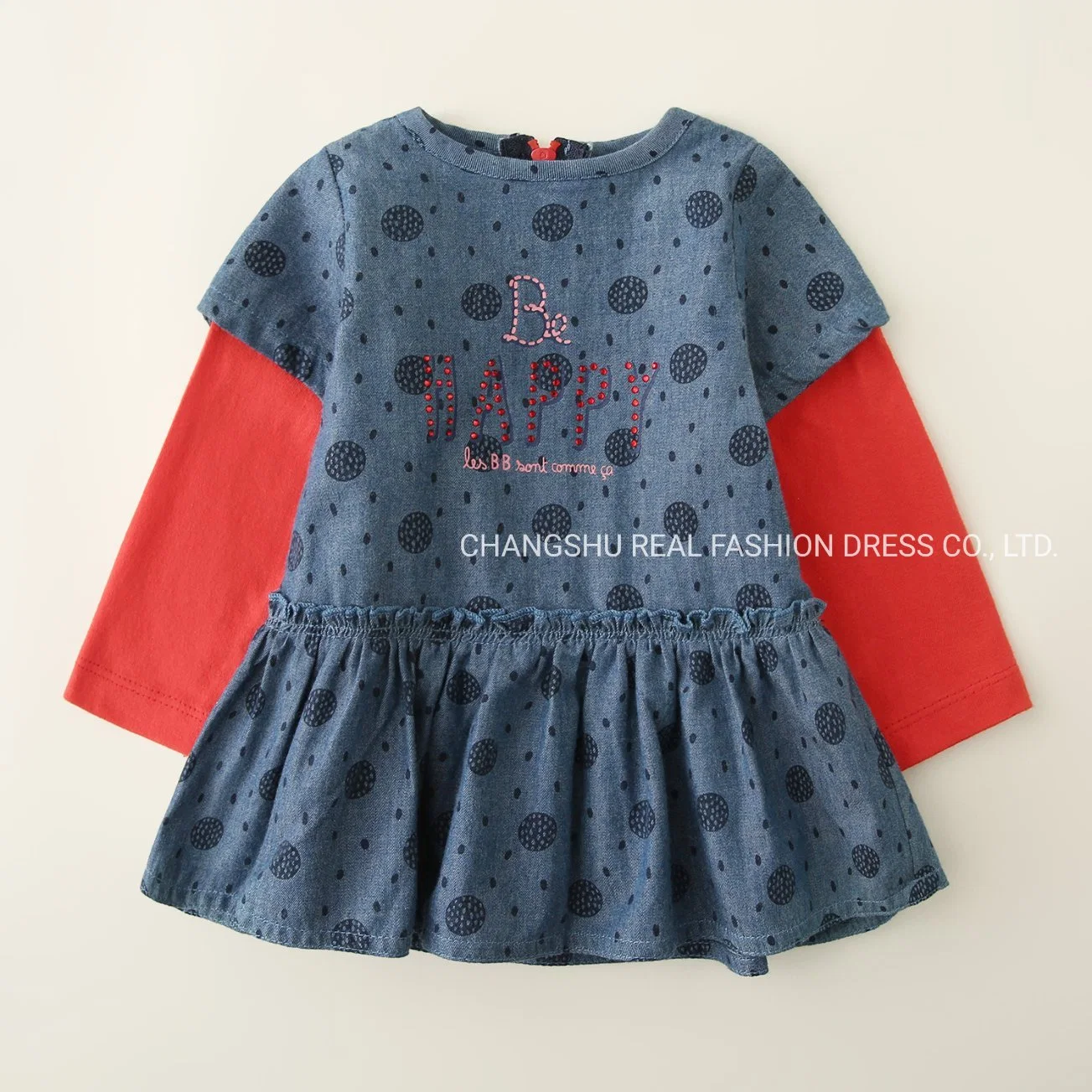 Children Clothes Girl Kids Woven Denim Dress Wear with Printing and Studs