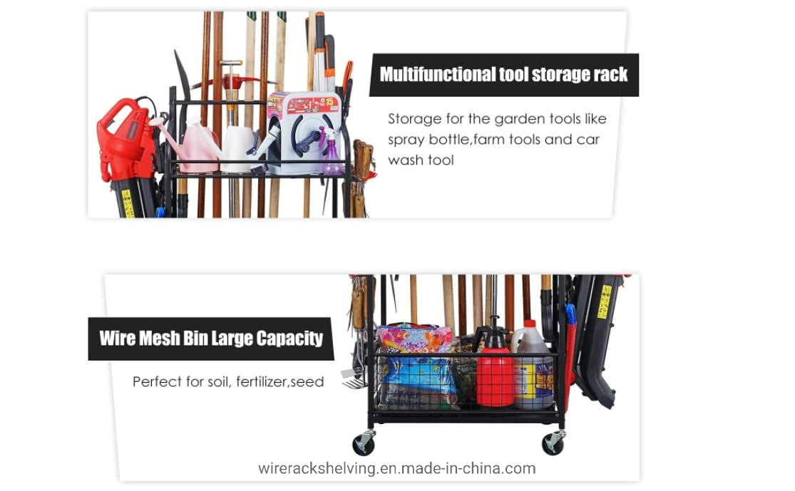 Outil de jardin Organisateur pour l'outil Garage-Yard Racks avec roues, les organisateurs de garage et d'attente de stockage des outils de jardin