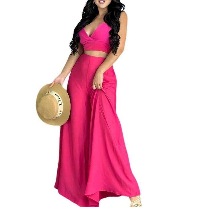 2023 New Design Spring 2 Piece Set Solid Color High Waist Wide Leg Pants Set with Pocket Casual Women's Set