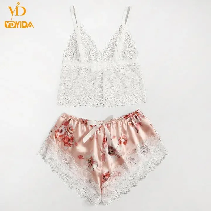 Vestido de Encaje Floral rosa arriba y abajo de 3 piezas conjuntos pijamas Sexy dormir dormir cómodo Camisón Manga Albornoz camisón de desgaste