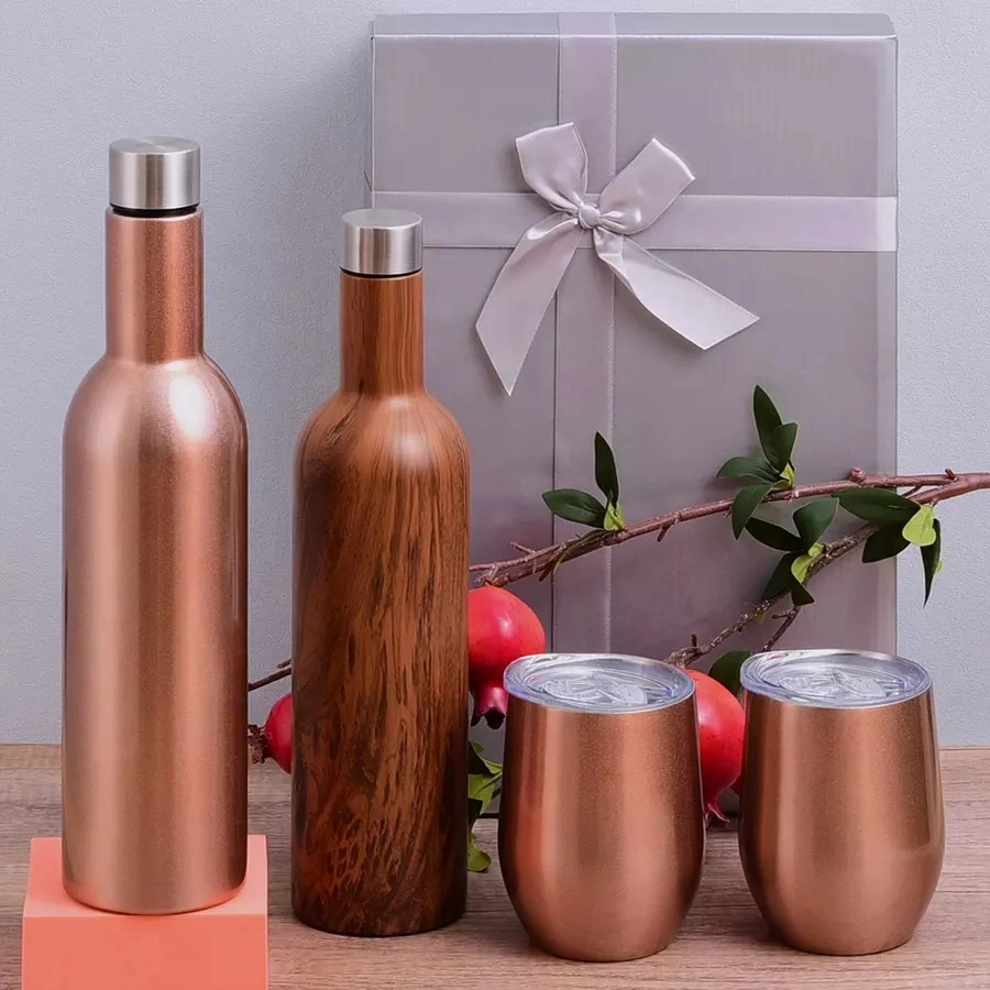 Doppelte Wand Promotion Hohe Qualität Weinflasche Wein Tumbler Edelstahl Set aus Edelstahl-Vakuum-Kolben mit Geschenkbox