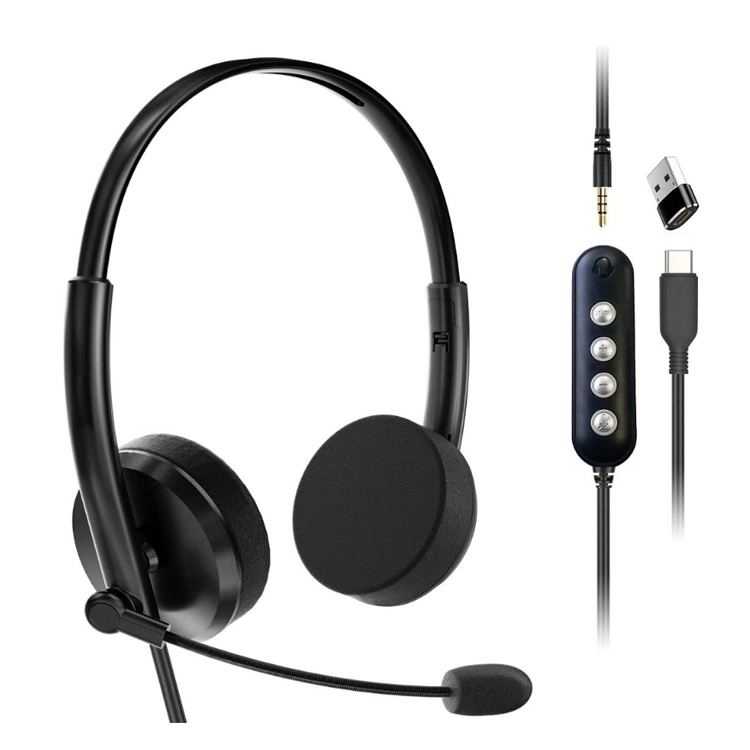 High Quality Noise Cancelling Headset for Call Center Wired Headphones with Multi Function Plug 3.5mm USB Type C Plug