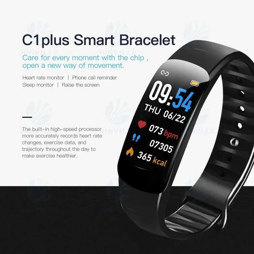 Bracelet intelligent de fitness C1plus avec fréquence cardiaque et tension artérielle, rappel d'appel, étanche, podomètre.