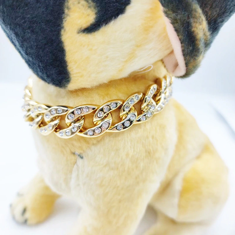 Luxury Gold Rhinestone Stainless Steel Lead Dog Choke Chains Collar Pet Dog Accessories Collar