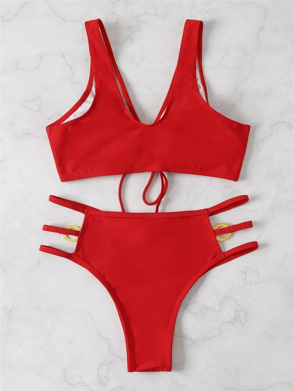 2022 Nova cor sólida Ring Split Swimsuit Biquíni de duas peças da Swimsuit Sexy cintura elevada Swimsuit