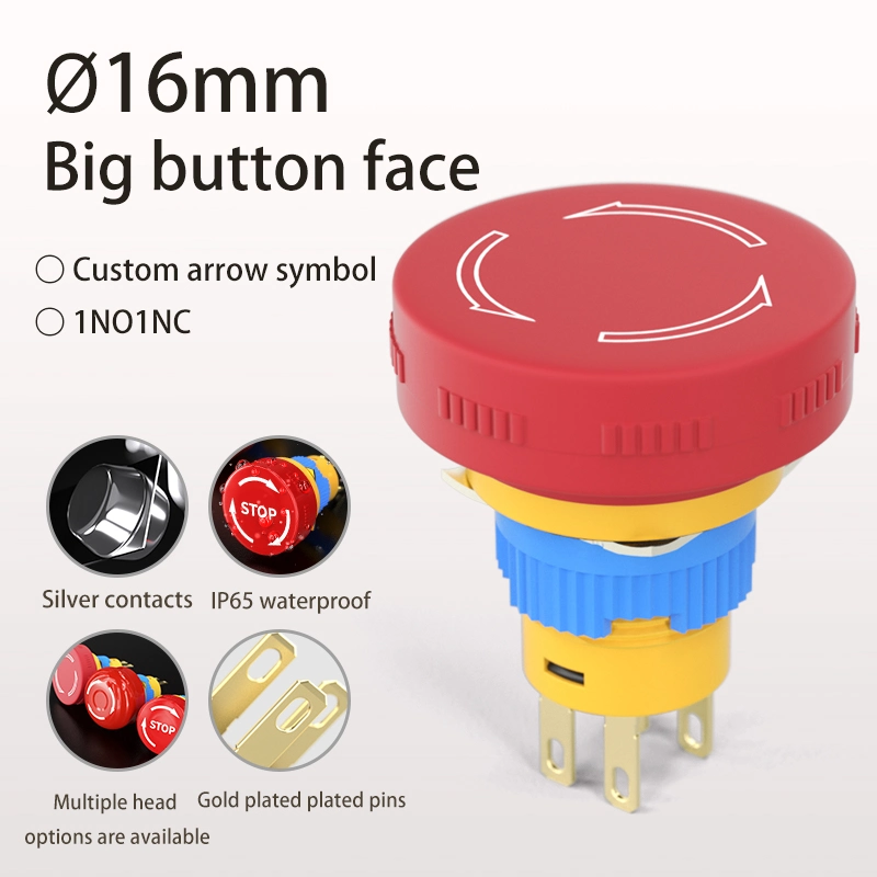 Plastic Turn off Press on Red Mushroom White Arrow 16mm Wrist Emergency Stop Push Button Switch