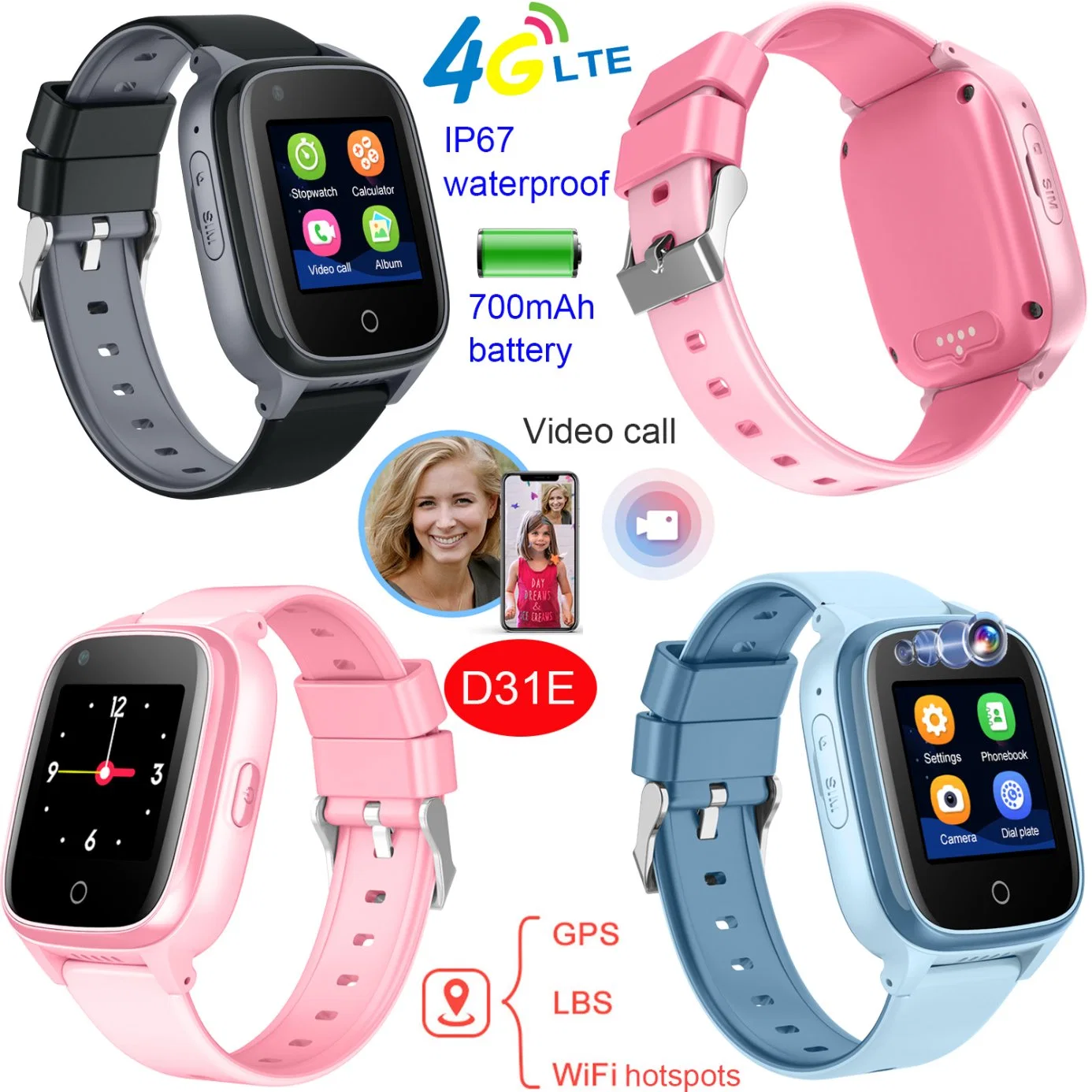 2023 4G Waterproof IP67 Mini Child Friendly Kids Smart Watch GPS con video llamada para ayuda de emergencia de seguridad D31E