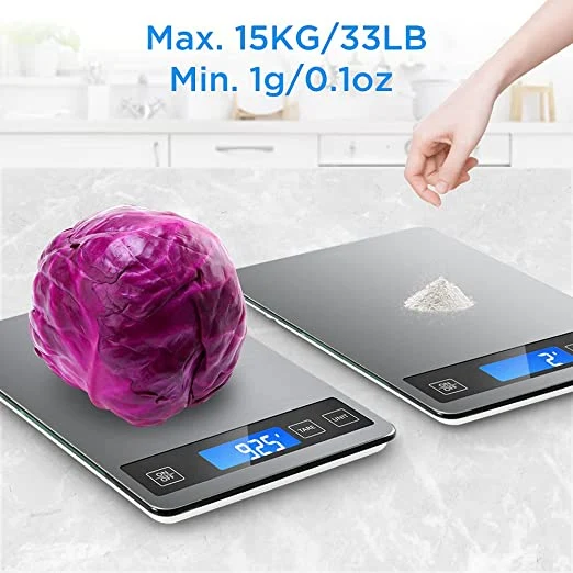 Digital Kitchen Scale Weight Grams and Oz for Cooking Baking, 1g/0.1oz Precise Graduation, 5 Units Conversion, Tare Function, Waterproof 15kg