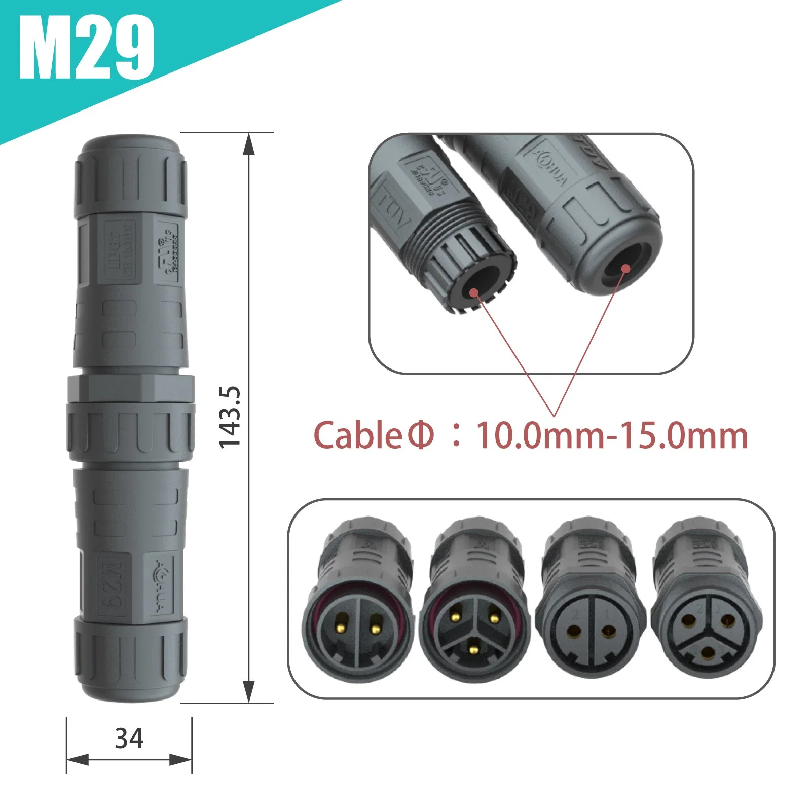 Aohua M29 Câble d'alimentation à assemblage sur le terrain, mâle femelle, fil à fil, connecteur étanche à 2 broches, 35A, IP67, connecteur étanche extérieur.