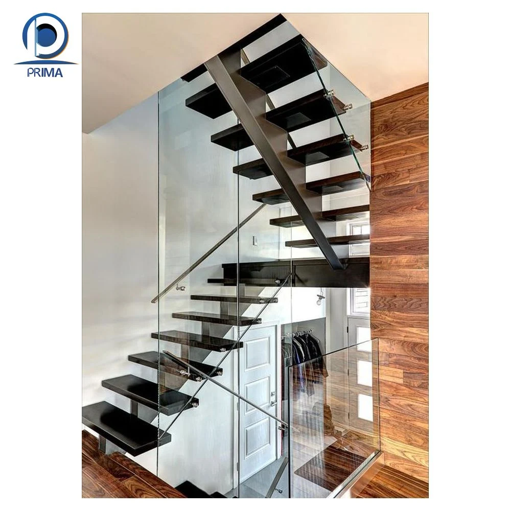 Prima China Products Invisible Steel Stringer Hot Sell Wooden Floating Staircase with Landing Hidden Cantilever Stairs Tempered Glass Panel Floating Stair