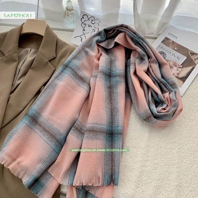 Soft Plaid Scarf Fashion Lady Cashmere Long Shawl with Tassel Winter