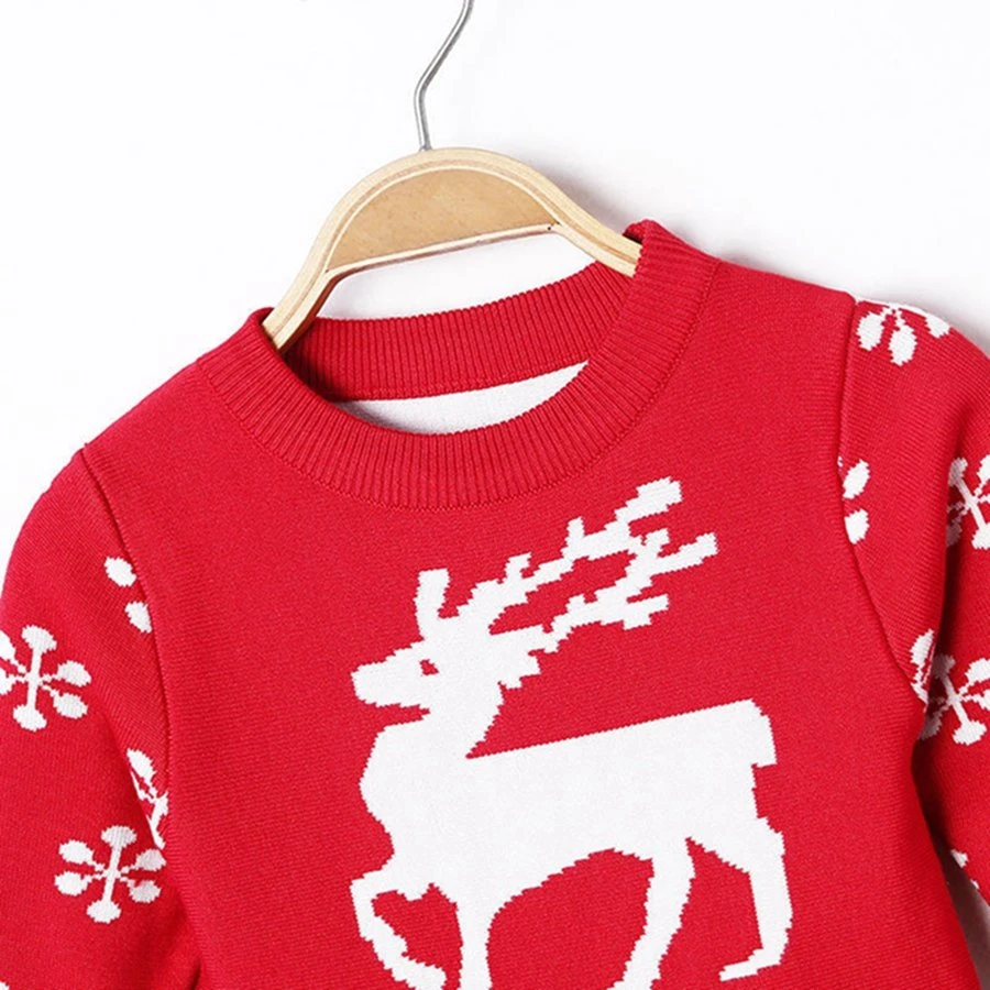 2022 Girls' Knitting Dress Children's Christmas Blue Sweater Kids Deer Jacquard Clothing for Autumn and Winter