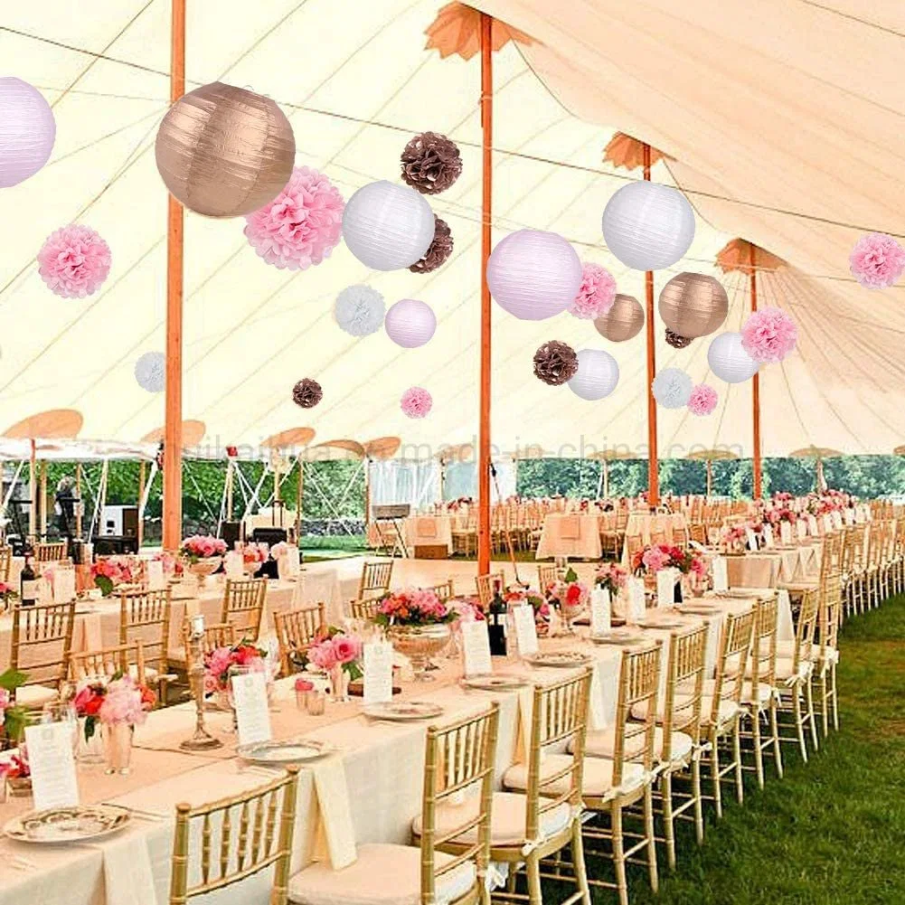 Design for Wedding Valentine's Day Birthday Party Decor Golden and Pink Hanging Round Paper Lantern and Pompom