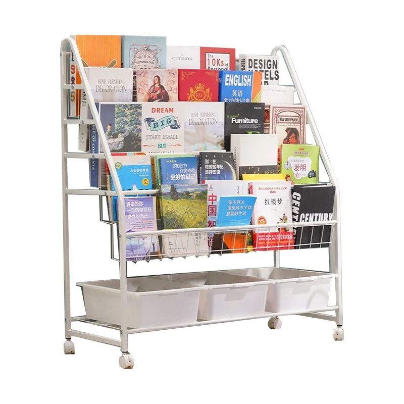 Hot Selling Book Storage Shelf Steel 5 Layer Storage Holder Rack with PP Storage Box Wheels