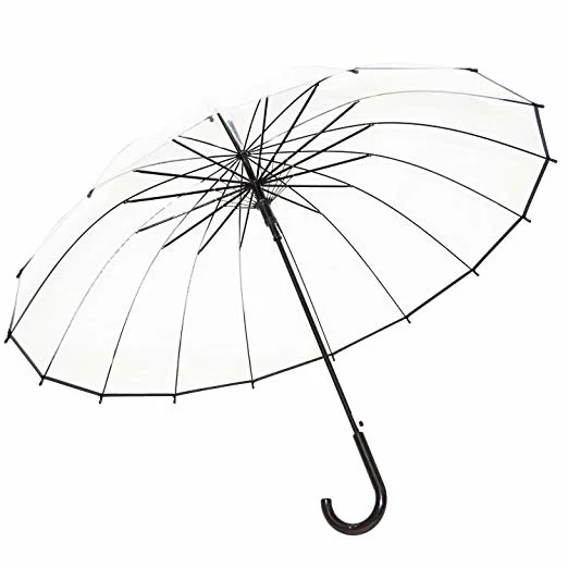 Poe Plastic Black Trim 16 Ribs Transparent Umbrella with Curved Handle