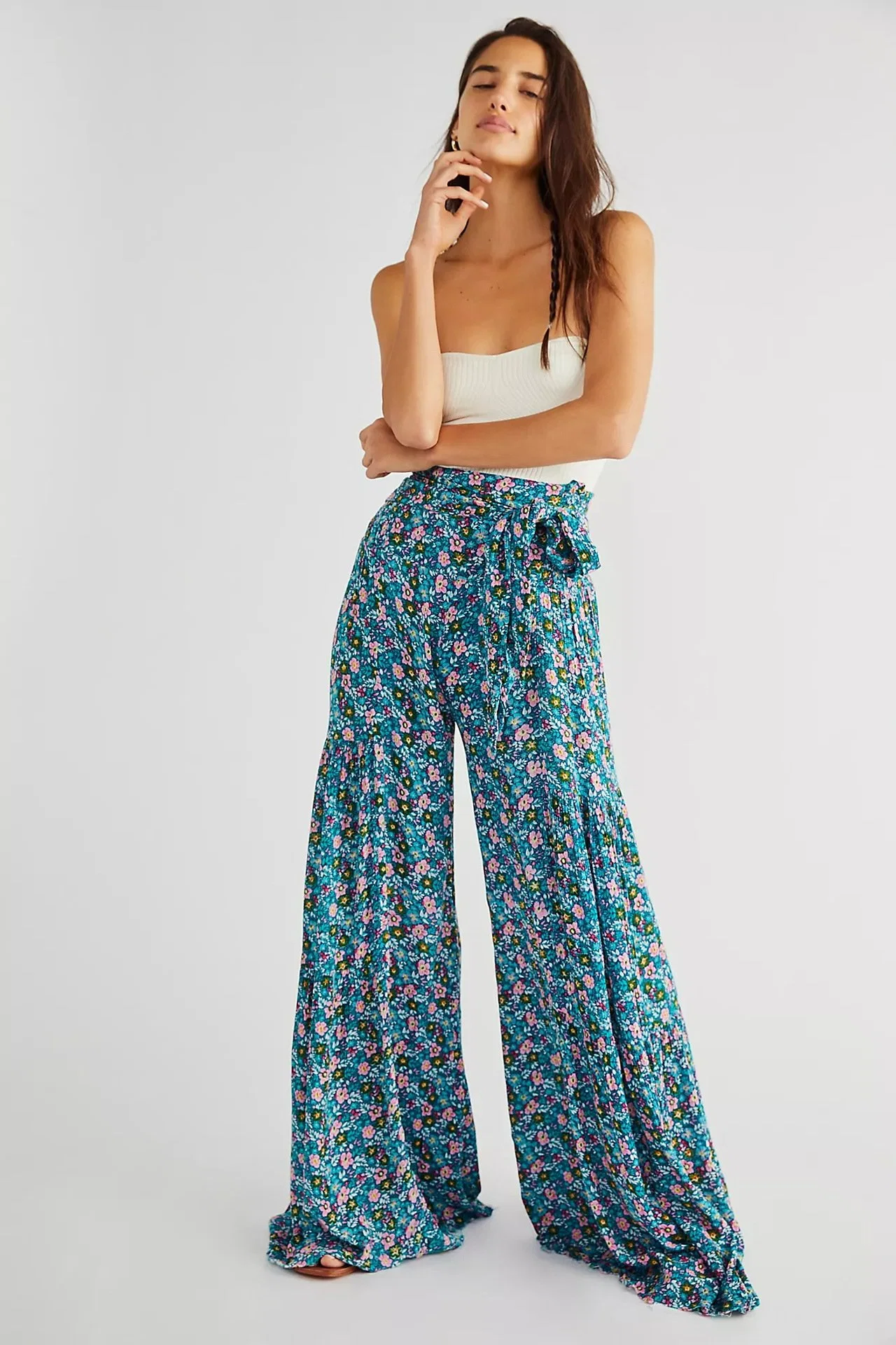 Frühling Sommer Hoch Taillierte Blume Digital Gedruckt Lose Breites Bein Beach Pants Damen Hosen Hose für Damen