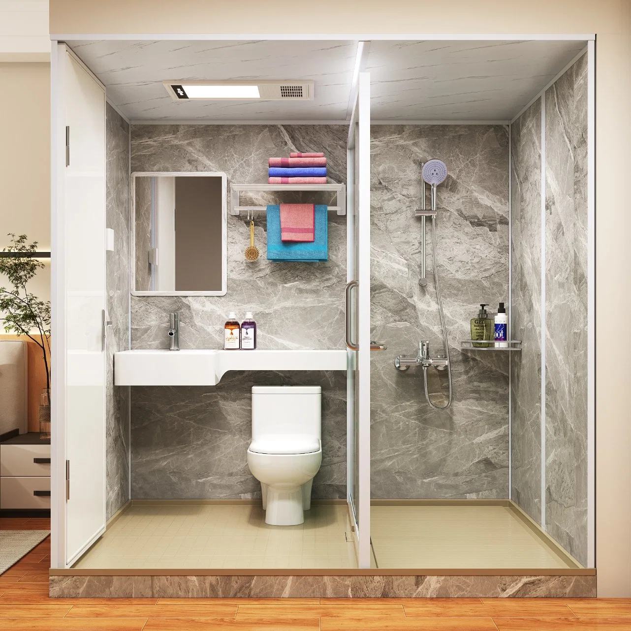 Shower Enclosure Prefab Square All in One Modular Completed Shower Room Cabin with Toilet & Light, Modular Bathroom Shower Pod