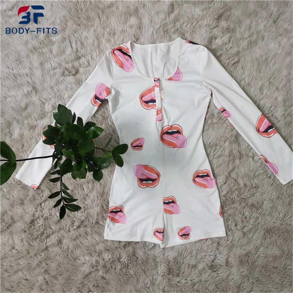 Women Tongue Print Long Sleeve Sexy Party Onesie Pajamas Sexy Sleepwear