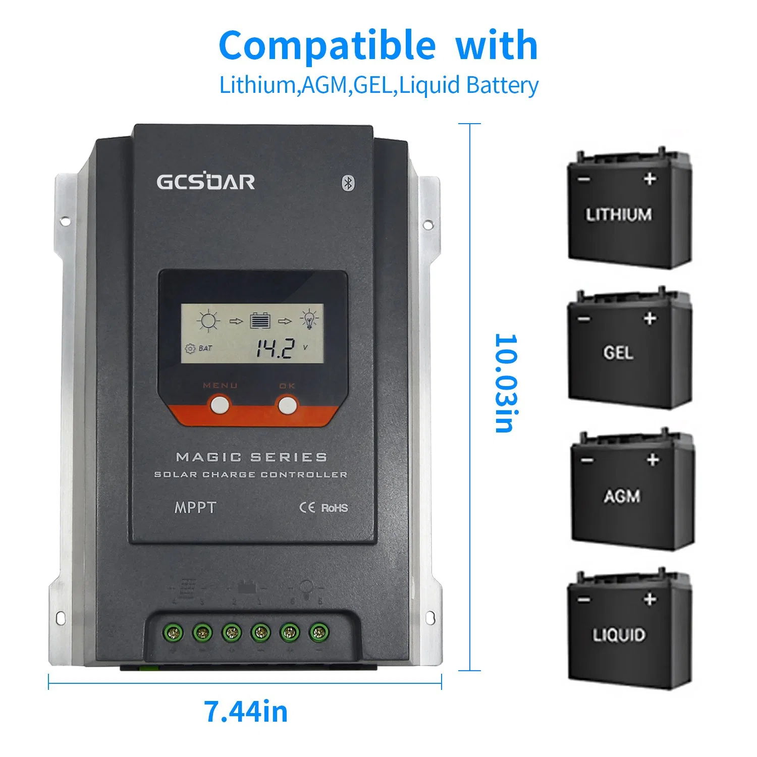 Gcsoar Magic Series Full Digital Technology MPPT Solar Controller 12/24V 10A 20A 30A 40A 130W 200W 260W 390W 520W 780W 1kw with Lot RS485 Bluetooth