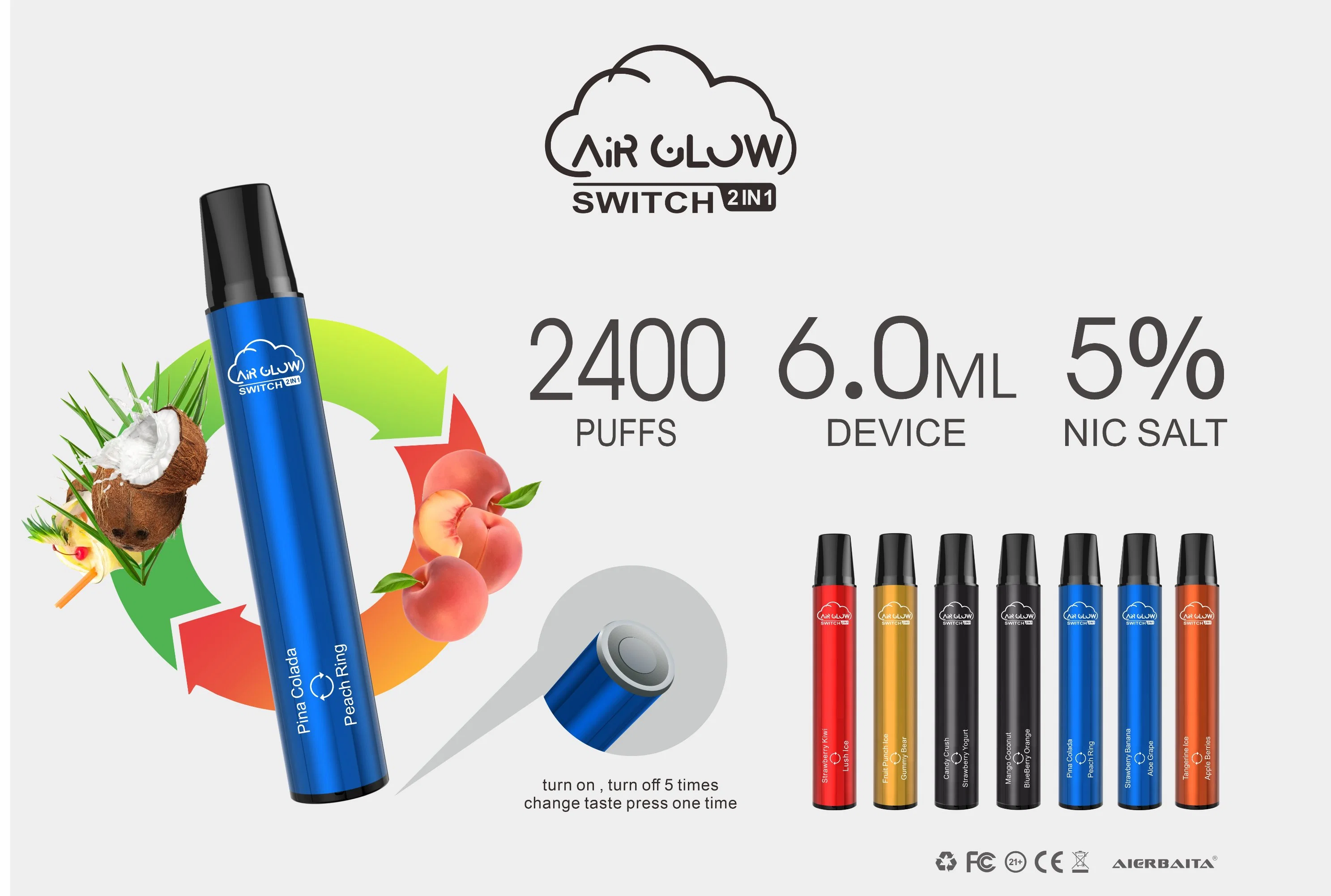 Interruptor de aire brillante desechable de colores VAPE Ecig Mini 2400puffs vape