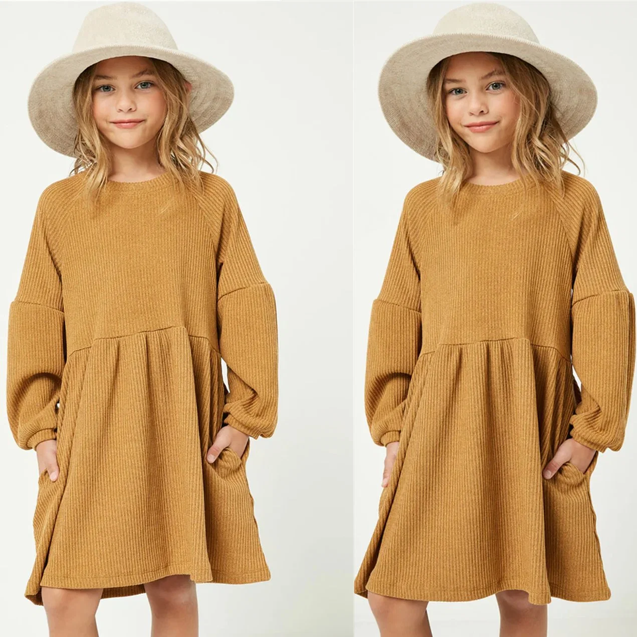 OEM akzeptieren Ripped Knit Mini Kleid lange Ärmel Mädchen groß Kinderkleidung Baumwolle Sommerbekleidung