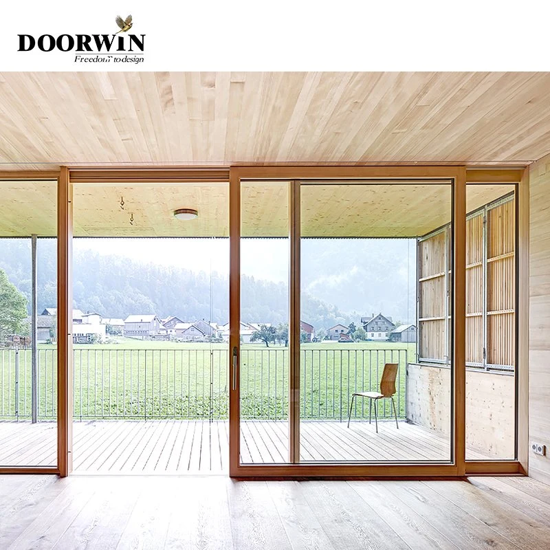 Doorwin moderno Sliding Patio Puertas exterior Roble de madera 3 Panel Vidrio deslizante con persianas integradas Entrada de vidrio sólido Puerta de madera