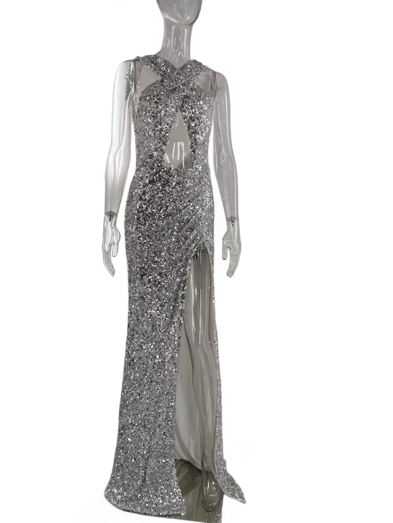 Silver Women's Split Backless Evening Dress Lady Fashion Sexy Long Party Gown