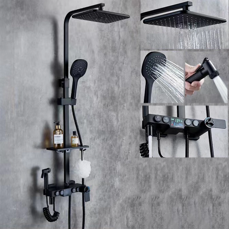 Digital Display Thermostatic Shower Faucet Set Bathroom Gold Black Shower High Pressure