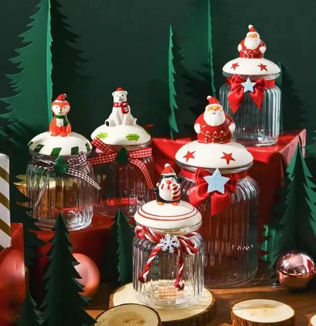 Christmas Series Lid and Gift Jar Decors Glass Storage Jar Candy Chocolate Jars Food Glassware Bottle Kitchenware with Lid