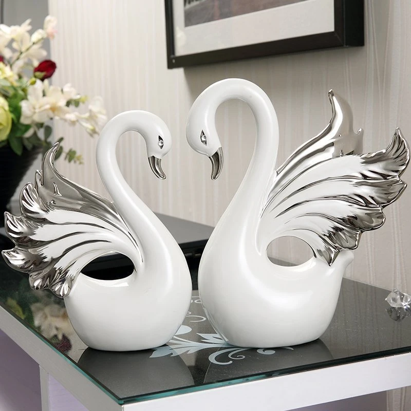 Hecho a mano Cerámica Porcelana figurita de Swan regalo de boda la decoración del hogar