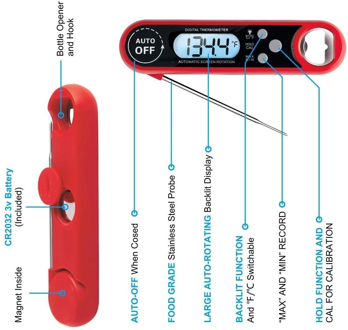 Waterproof Foldable Probe Digital Cooking BBQ Grilling Meat Food Digital Thermometer with Bottle Opener