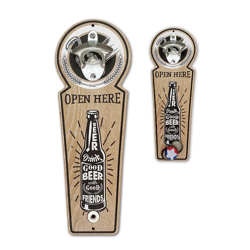 Wholesale Promotion Gift Set Custom Beer Bar Metal Wall Mount Wood Bottle Opener