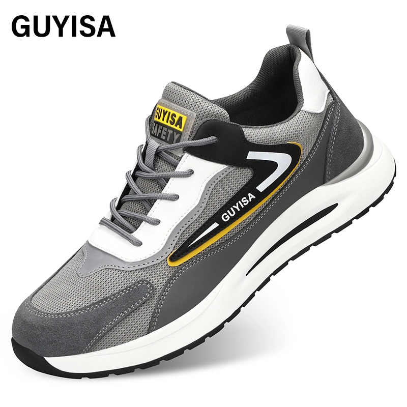 Guyisa Brand New Mesh Cloth transpirable suave Hombre y Mujer Mismos zapatos de trabajo Suede Zapatos de seguridad de puntera de acero para hombre