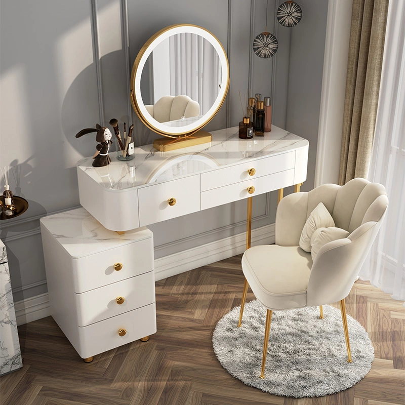 Vanity de moda nórdica dorada para el hogar/hotel, escritorio de dormitorio, muebles modernos, tocador de maquillaje con silla y espejo combinados.