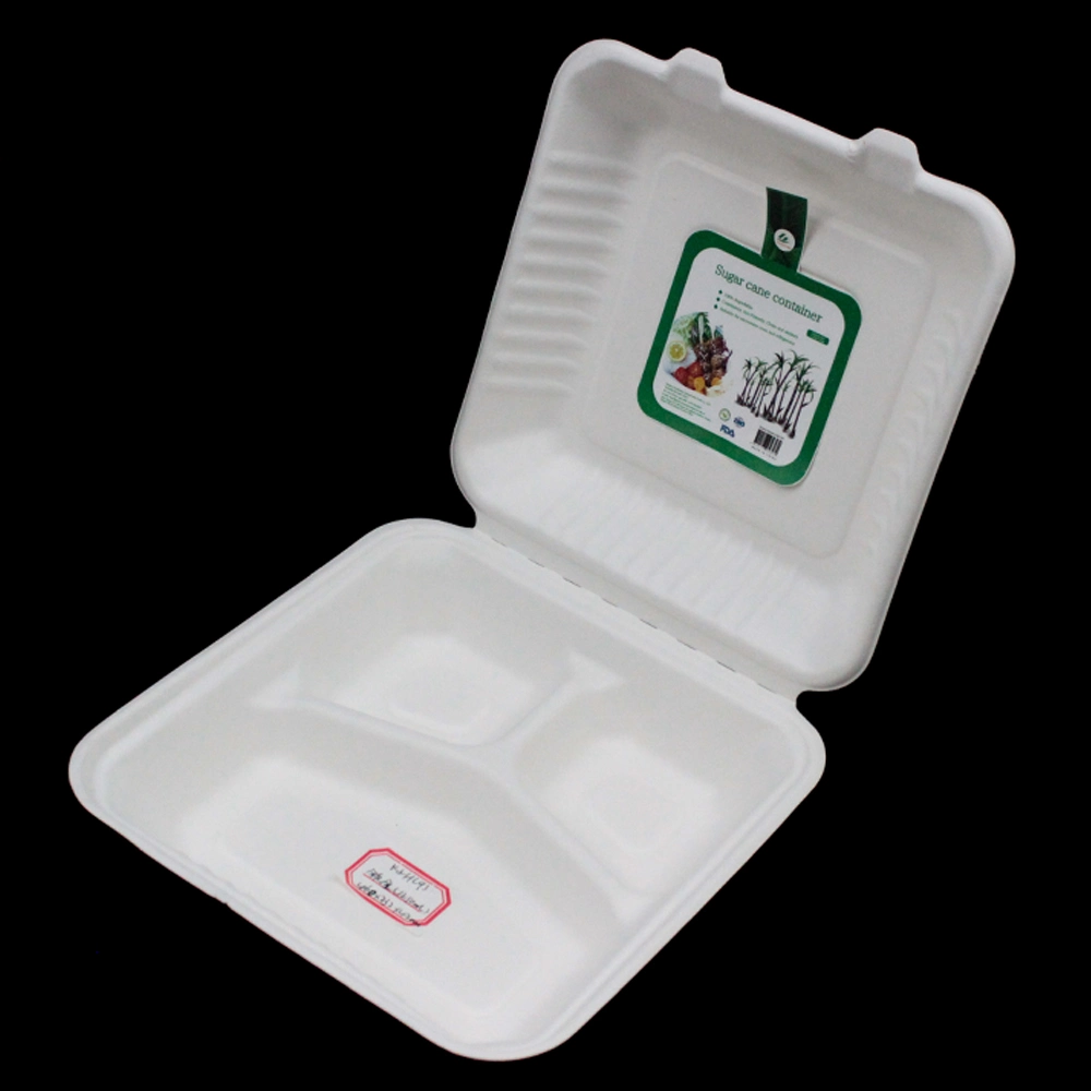 100% Biodegradable Disposable Sugarcane Tableware Bagasse 3 Compartments Clamshell Box in One Shrink Package